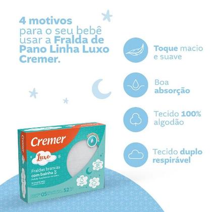 Imagem de Fralda de Pano Cremer Com Bainha Luxo Branca para Bebê Com 5 Peças Tecido Duplo Respirável