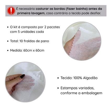 Imagem de Fralda De Pano Soft Kit Com 10 unidades Estampadas Sortidas Caricia Menino Macia Confortavel Paninho de Boca Ombro Presente Natal