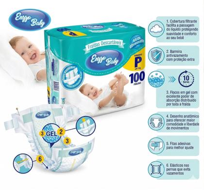 Imagem de Fralda Descartável Bebê Infantil Enzzo Baby Híper Tamanho P Com 100 Unidades
