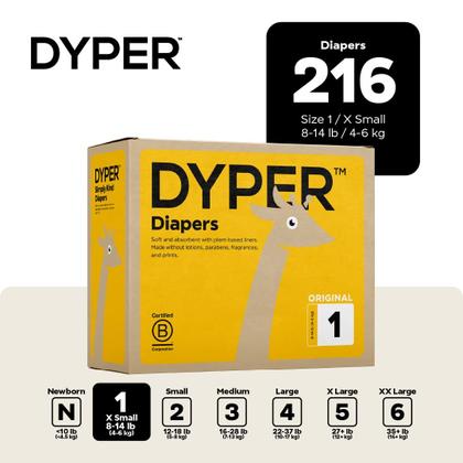 Imagem de Fraldas DYPER Baby Tamanho 1 (4-6 kg) - Pacote com 216 Unidades