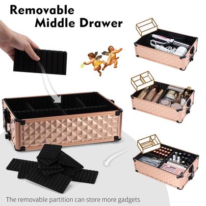 Imagem de Frenessa Rolling Makeup Case 3 em 1 Carrinho Cosmético Profissional Grande Armazenamento com chaves Rodas Giratórias Salão Barbeiro Case Carrinho de Viagem Tronco para Maquiagem, Nail Tech, Cabeleireiros Vintage Rose Gold