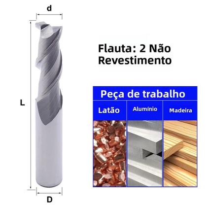 Imagem de Fresa De Alumínio, Cobre E Madeira Com 2 E 3 Lâminas HRC55 Em Aço Carbídico Não Ferroso Para