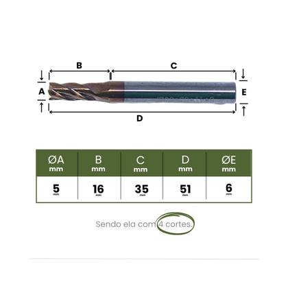 Fresa de Topo Metal Duro 5mm 55 HRC - SANDRES Imagem de Fresa de Topo Metal Duro 5mm 55 HRC