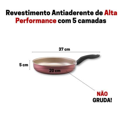 Imagem de Frigideira 20cm Com Tampa De Vidro Alumi-Aço linha PREMIUM J4TECH Alumínio Antiaderente Ultra Resistente Cereja Com Dourado 