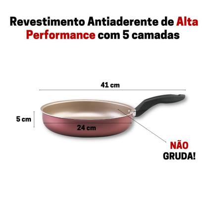 Imagem de Frigideira 24cm Com Tampa de Vidro Cereja com Dourado Alumi-Aço Linha Premium J4TECH Alumínio Antiaderente Teflon Ultra Resistente 