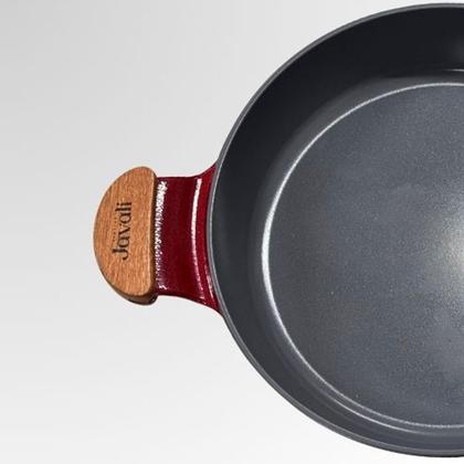 Imagem de Frigideira 30cm 4,7L Cerâmico Alças Madeira com Tampa de Vidro - Cor: Vermelho Liso