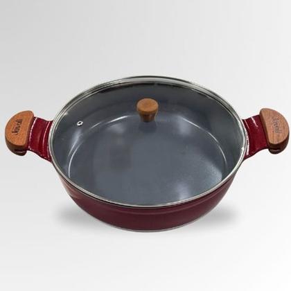 Imagem de Frigideira 30cm 4,7L Cerâmico Alças Madeira com Tampa de Vidro - Cor: Vermelho Liso