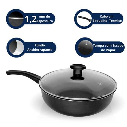 Imagem de FRIGIDEIRA ALTA FUNDA WOK ANTIADERENTE Nº 30 PRETO TAMPA DE VIDRO