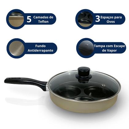 Imagem de  Frigideira Antiaderente 3 Ovos com Tampa de Vidro Teflon Antiaderente 