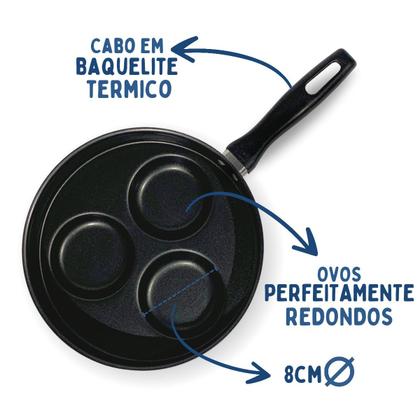 Imagem de  Frigideira Antiaderente 3 Ovos com Tampa de Vidro Teflon Antiaderente 