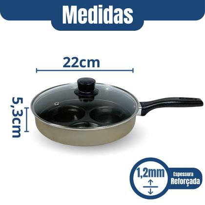 Imagem de  Frigideira Antiaderente 3 Ovos com Tampa de Vidro Teflon Antiaderente 