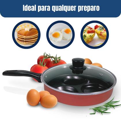 Imagem de Frigideira Antiaderente Frita 3 Ovos Separados Com Furo com Tampa de Vidro