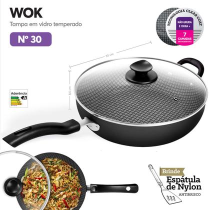 Imagem de Frigideira Antiaderente Nº 30 Wok Grande Redonda Masterflon Com Tampa De Vidro Patolux