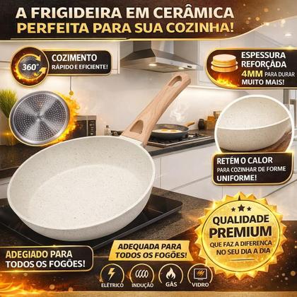 Imagem de Frigideira Cerâmica 24cm Creme Antiaderente Grande Fogão A Gás Indução Cooktop Elétrico Panela Frita Sem Óleo Não Gruda
