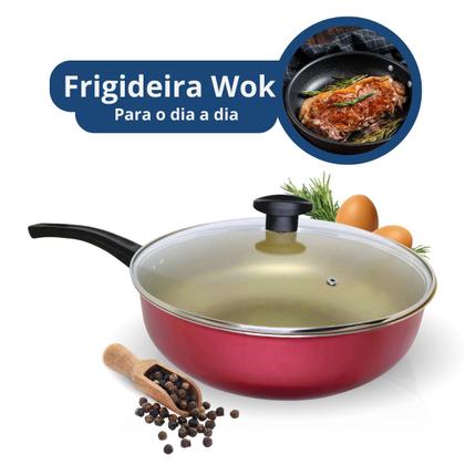 Imagem de FRIGIDEIRA FUNDA GRANDE WOK ANTIADERENTE Nº 30 CEREJA COM BEGE ALUMÍNIOS PORTELA