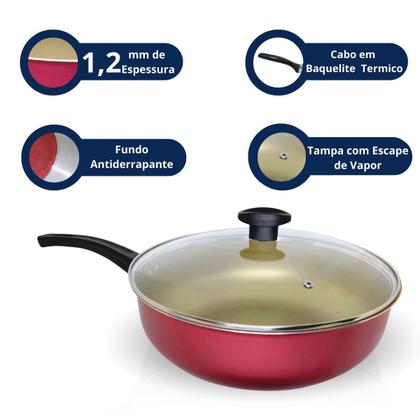 Imagem de FRIGIDEIRA FUNDA GRANDE WOK ANTIADERENTE Nº 30 CEREJA COM BEGE ALUMÍNIOS PORTELA