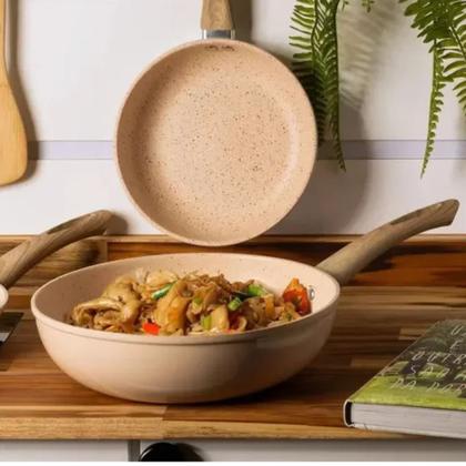 Imagem de Frigideira Lyor Indução Granilite Wok Bege 28cm Com Tampa