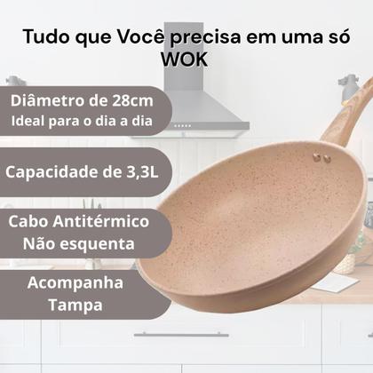 Imagem de Frigideira Lyor Indução Granilite Wok Bege 28cm Com Tampa