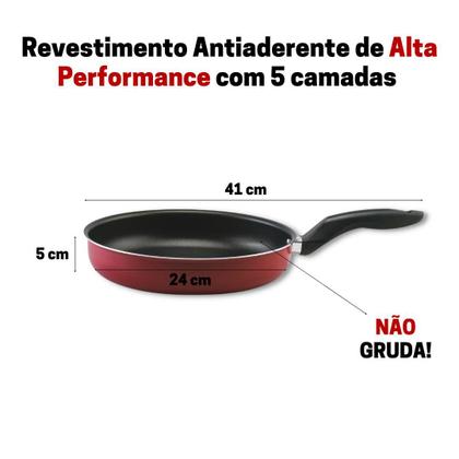 Imagem de Frigideira Magnífica Com 2 peças Alumi-Aço linha PREMIUM J4TECH Antiaderente Resistente Teflon Com Tampa De Vidro Vermelho 