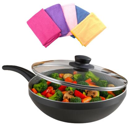 Imagem de Frigideira Wok Antiaderente Com Tampa Vidro Cor Grafite 2,8L Pano Microfibra Limpeza Brinde Kit Com 5 Peças