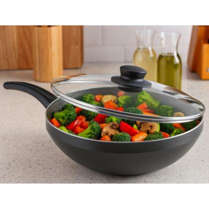 Imagem de Frigideira Wok Antiaderente Com Tampa Vidro Cor Grafite 2,8L Pano Microfibra Limpeza Brinde Kit Com 5 Peças