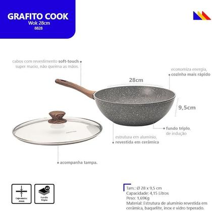 Imagem de Frigideira Wok Antiaderente Indução Cerâmica 28cm Mimo Style Grafito Cook 4,15L Yakisoba Tampa Vidro