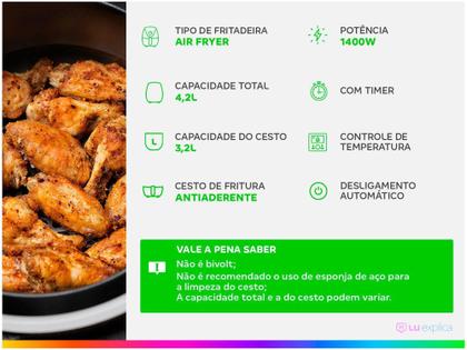 Fritadeira Elétrica sem Óleo/Air Fryer Nell Fit - Preto 3,2L com Timer Imagem de Fritadeira Elétrica sem Óleo/Air Fryer Nell Fit - Preto 3,2L com Timer