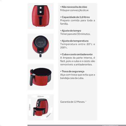 Imagem de Fritadeira Elétrica Vermelha Air Fryer Supremma 3,6L 1400W 127V Agratto - 11229