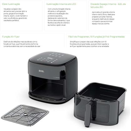 Imagem de Fritadeira Sem Óleo Air Fryer Eos Chef Gourmet 6.2 L Compacta Painel Digital Touch Com Iluminação Interna bandeja 220V