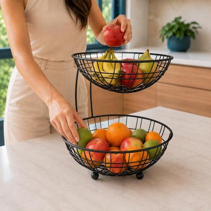 Imagem de Fruteira 2 Andares BSMIX Metal Preto Fosco Porta Frutas Bancada Cozinha