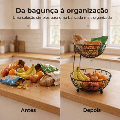 Imagem de Fruteira 2 Andares BSMIX Metal Preto Fosco Porta Frutas Bancada Cozinha