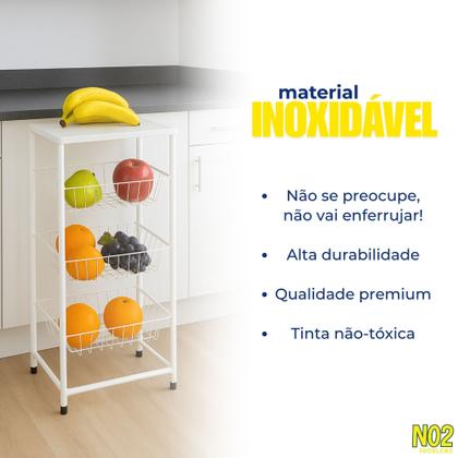 Imagem de Fruteira 3 Andares em Aço Carbono com Tampo Branco Estrutura Reforçada Compacta Moderna
