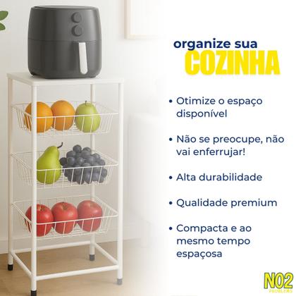 Imagem de Fruteira 3 Andares em Aço Carbono com Tampo Branco Estrutura Reforçada Compacta Moderna