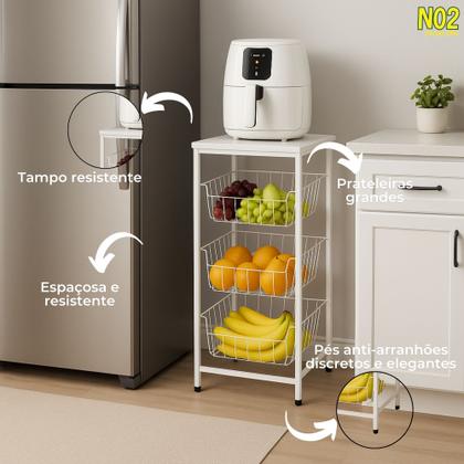 Imagem de Fruteira 3 Andares em Aço Carbono com Tampo Branco Estrutura Reforçada Compacta Moderna