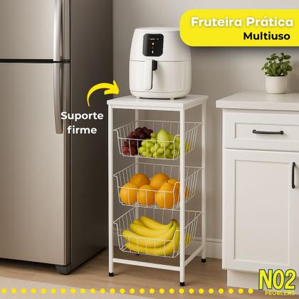 Imagem de Fruteira 3 Andares em Aço Carbono com Tampo Branco Estrutura Reforçada Compacta Moderna