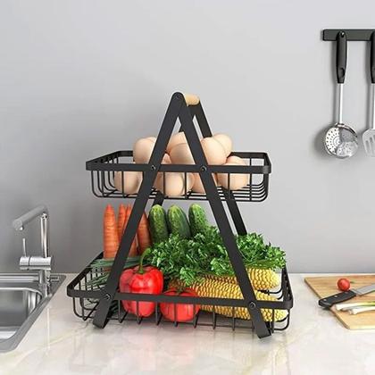 Imagem de Fruteira Cesto Duplo Organizador Aramado Fruta Legumes Cozinha Mesa Bancada Escritorio Estante Armario Moderno Multiuso