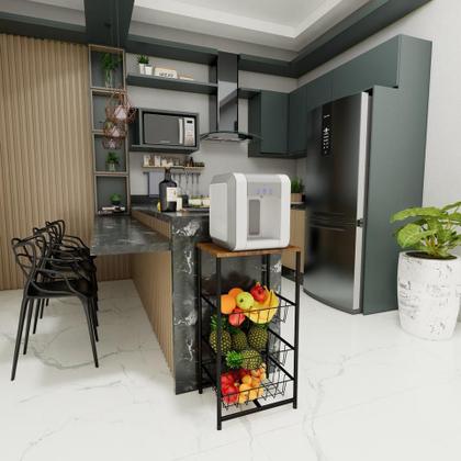Imagem de Fruteira De Chão Cozinha Aço Mdf 3 Cestos Removível Multiuso