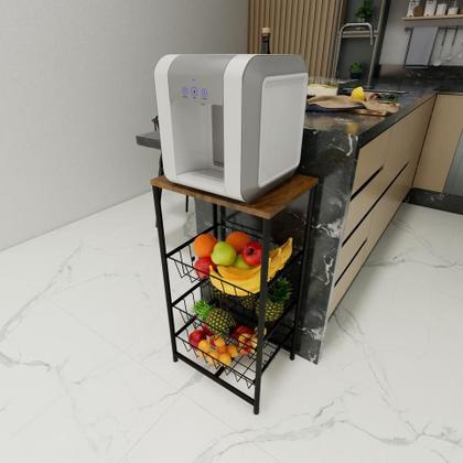 Imagem de Fruteira De Chão Cozinha Aço Mdf 3 Cestos Removível Multiuso