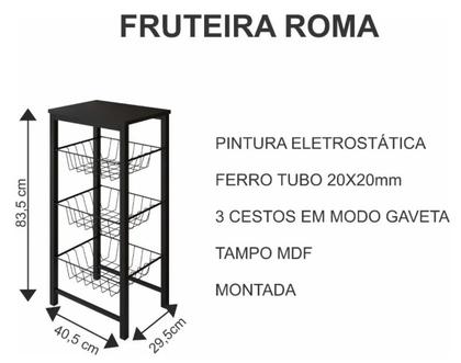 Imagem de Fruteira de Chão Cozinha Montada Aço Branco Tampo Preto Cesto Preto Roma