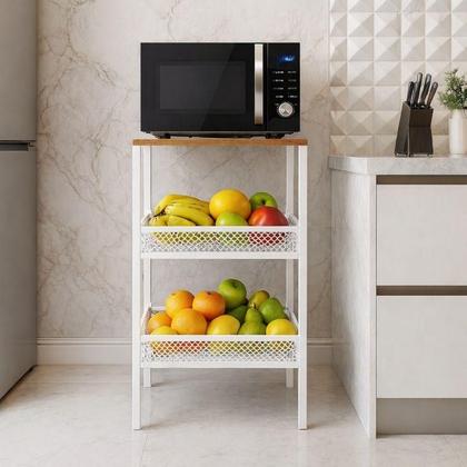 Imagem de Fruteira De Chão Cozinha Multiuso De Aço Extra Forte Com Tampo Mdf Madeira Suporta Microondas