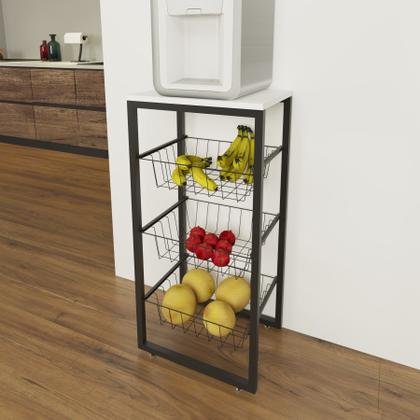 Imagem de Fruteira De Chão Para Cozinha Preto Fosco Em Aço MDF Branco