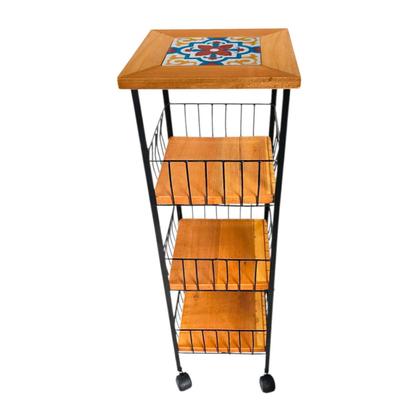 Imagem de Fruteira de Madeira Rústica 3 Andares com Ladrilho Hidraúlico e Rodinhas