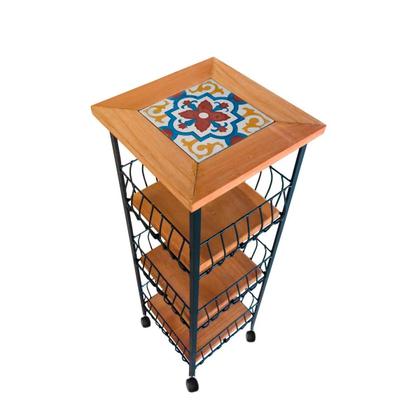 Imagem de Fruteira de Madeira Rústica 3 Andares com Ladrilho Hidraúlico e Rodinhas