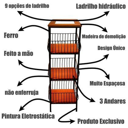 Imagem de Fruteira de Madeira Rústica 3 Andares com Ladrilho Organizador Decorativo