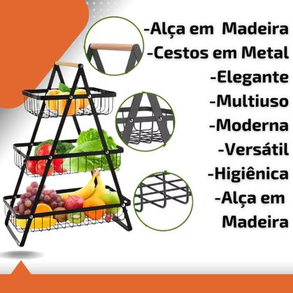 Imagem de Fruteira De Mesa Organizador Cesto Frutas Cozinha Multiuso Metal 3 andares Legumes Aramado