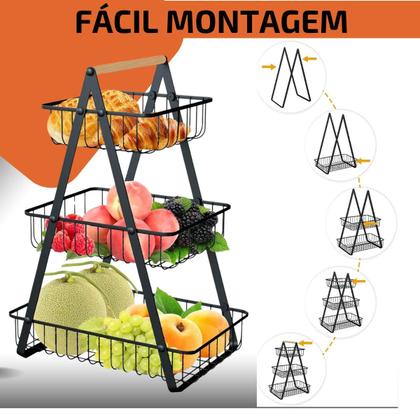 Imagem de Fruteira De Mesa Organizador Cesto Frutas Cozinha Multiuso Metal 3 andares Legumes Aramado