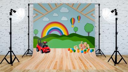 Imagem de Fundo Fotografico em Tecido Arco-íris Céu e Grama - 150x170cm