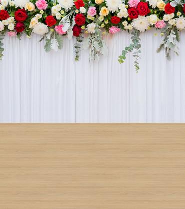 Imagem de Fundo Fotografico em Tecido Cortina Branca Flores e Madeira -150x170cm