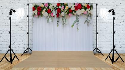 Imagem de Fundo Fotografico em Tecido Cortina Branca Flores e Madeira -150x170cm