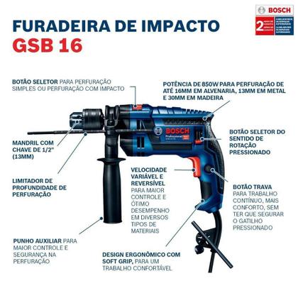 Imagem de Furadeira De Impacto 1/2 Pol 850W Gsb16Re Bosch + Acess 220V